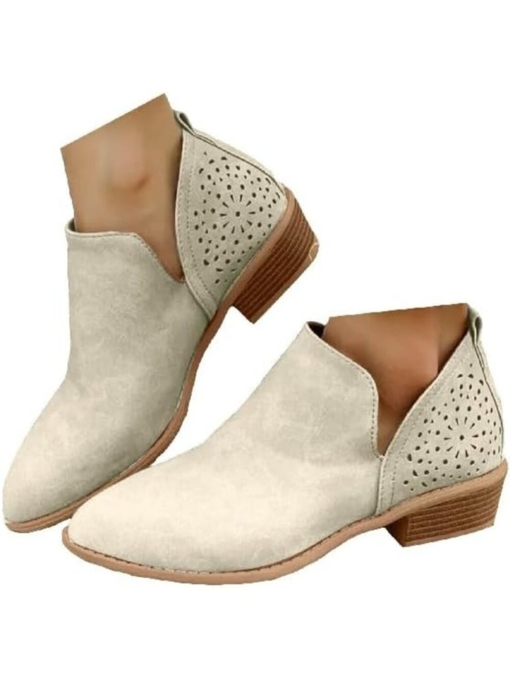 Women’s Suede Ankle Cowboy Boots Pointed Toe Low Block Heel Western Booties-Grey